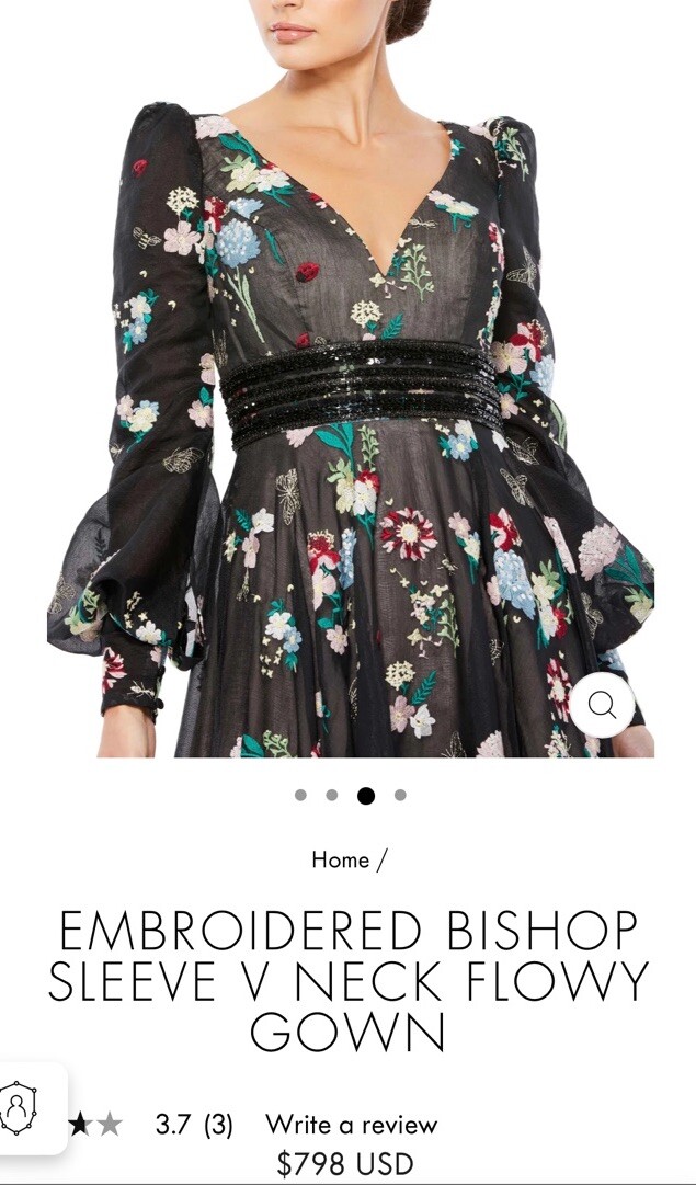 Mac Duggal NWT Embroidered Bishop Sleeve V Neck Flowy Gown