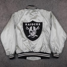 Vintage Los Angeles Raiders Jacket Mens Large Silver NFL Satin Bomber Coat 80s