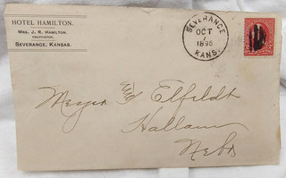 1896 Severance Kansas Hotel Hamilton Cover Postal History Hallam Nebraska Cancel