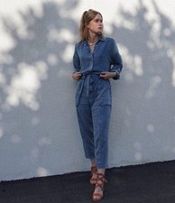 AllSaints Denim Utility Jumpsuit Extra Large pockets Matching Belt & Snap Close