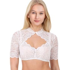 Dirndlbluse Damen, Spitze Trachtenbluse, Weiß Rundhals Kurzarm Elegant für Ok...