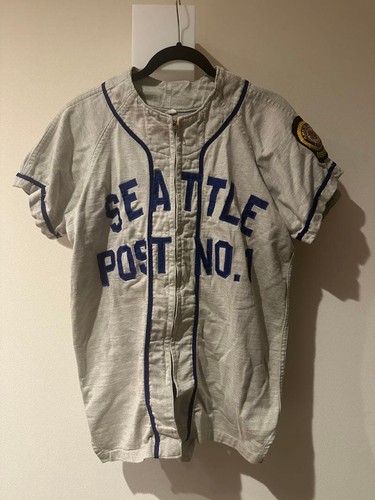 Russell Athletic, Vintage 1960s Russell Southern Baseball Shirt L Gray Blue Wool Patch
