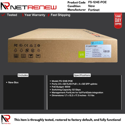 NEW Fortinet FS-124E-POE 24-Port Gigabit PoE Switch | 24x 1GbE RJ45 + 4x 1GE SFP