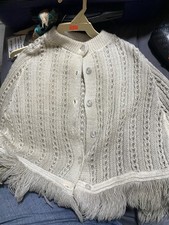 Vtg Grand Poncho Shawl Cape Knitwear Toddler Girl Ivory Pearl Front Button.