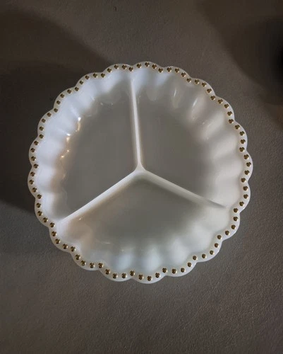 Vintage Milk Glass Round Divided Serving Dish with gold trim