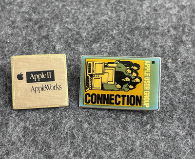 2 VTG Apple User Group Connection & Apple II Works Mac Computer Lapel Pins