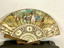 STUNNING ANTIQUE HAND PAINTED WITH GOLD SEQUINS FAN SUPERB BOX w/BEVELED GLASS