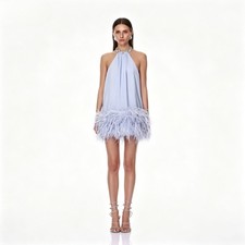 Light Blue Feather Mini Evening Dresses Beading Halter Neck Cocktail Party Gowns