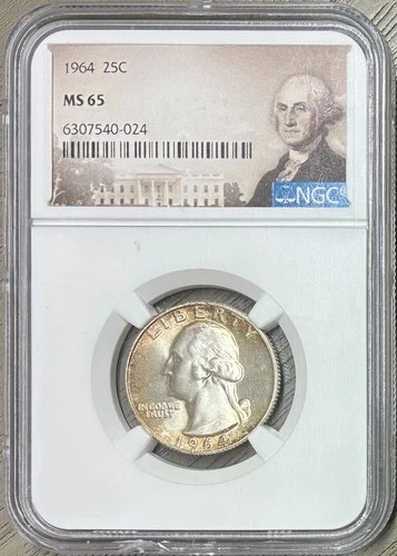 Nicely Toned 1964 Silver Washington Quarter, NGC MS-65, Minor Slab Chip