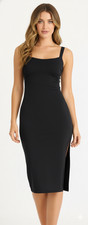 Halara Midi Dress Medium Black Square Neck Side Slit Stretch Bodycon Cocktail