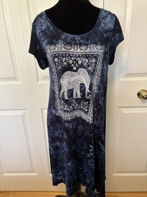 Style & Co ELEPHANT Blue Soft Loose Fit Jersey T-shirt Tie Dye A-Line Dress Sz S