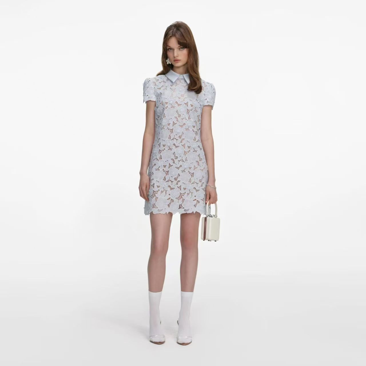 Self-Portrait Flip collar Short sleeves Light blue Flower Embroidery Dress