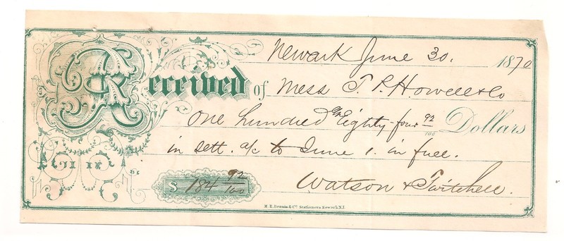 #A1549 Newark, New Jersey June 1870 Watson ornate receipt T.P. Howell & Company