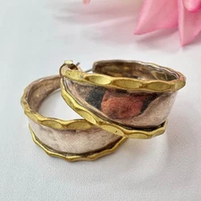 925 Sterling Silver And Brass Hammered Wide Hoop Earrings Two Tone Bohemian 