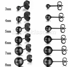 Unisex Simple Black Stainless Steel Round Ball Ear Studs Charm Earrings 3-8mm