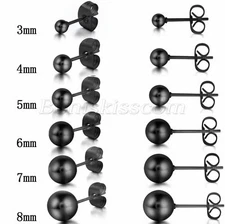 Unisex Simple Black Stainless Steel Round Ball Ear Studs Charm Earrings 3-8mm