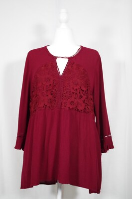 Living Doll Tunic 1X Burgundy Lace Keyhole Neck W/Button Closure Bk 3/4 Sleeves