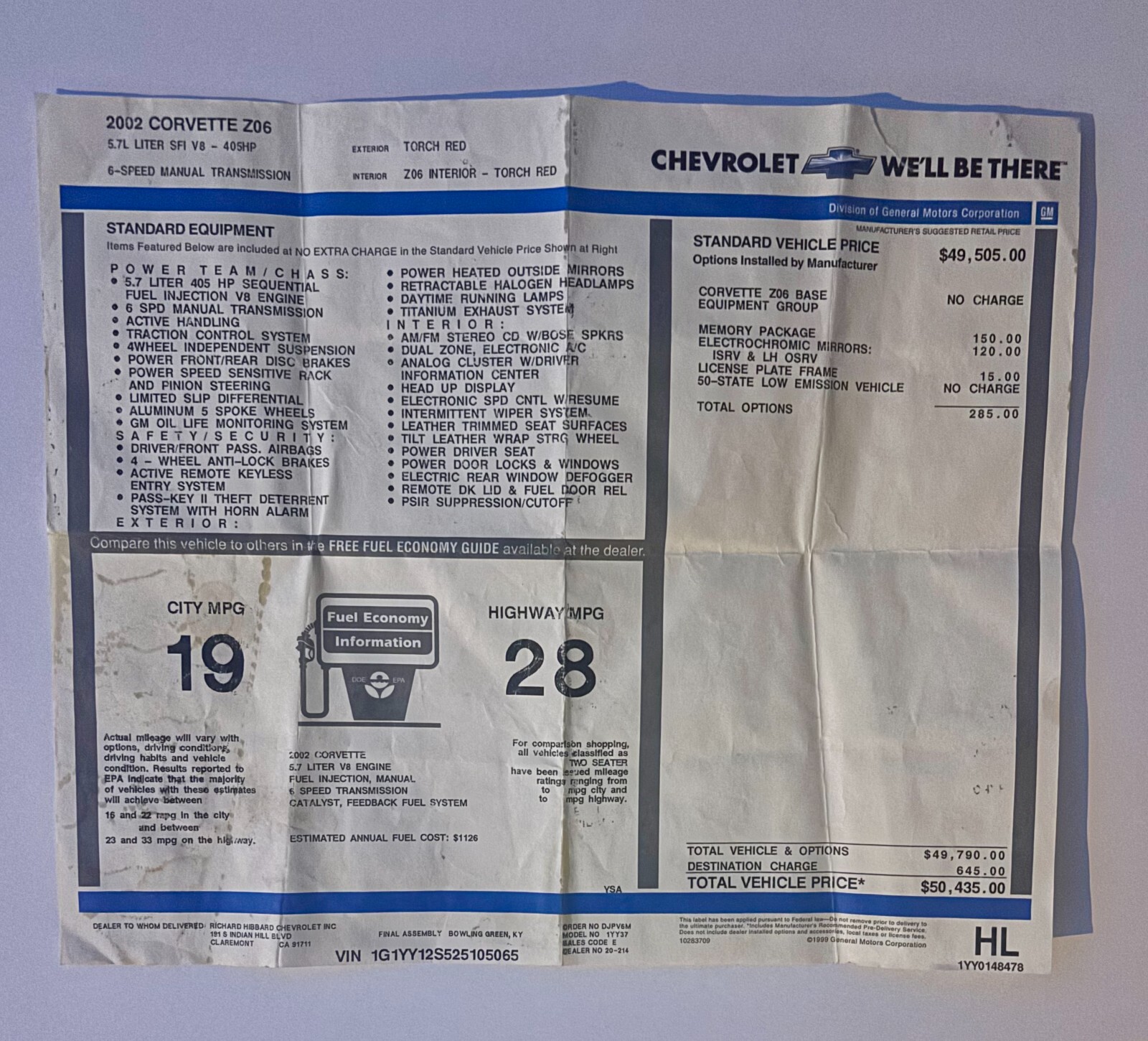 2002 CHEVROLET CORVETTE Z06 ORIGINAL MSRP WINDOW STICKER FACTORY