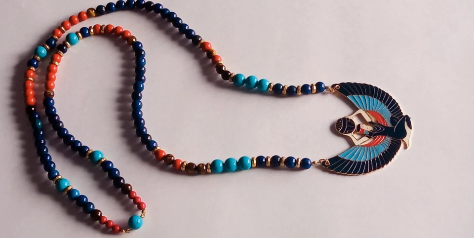 Collana Iside egiziana in lapislazzuli turchese pasta di corallo e pendente raro - Immagine 3 di 4