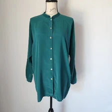 Citron Santa Monica 100% Silk Tunic Shirt Button Mandarin Neck Green Women's S