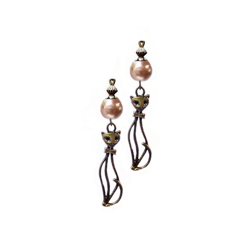 Earrings Boho vintage style cat charm and pearl, COLOR CHOICE clip on or pierced - Picture 10 of 20