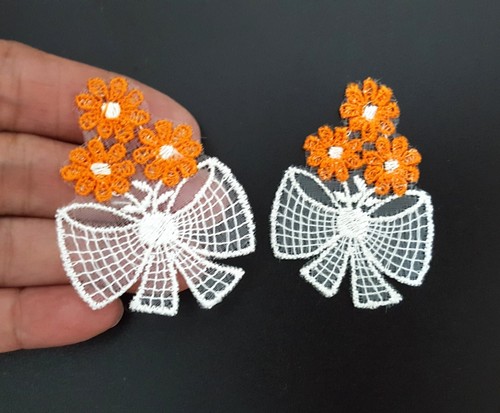 White w/Orange or Coral Pink Flower Lace Patch Motif Appliques Crafts Supply A49 - Picture 6 of 14
