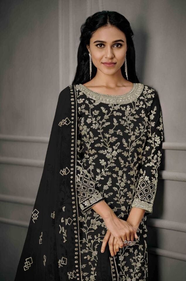 JIVRAJ FASHION Gestikte Pakistaanse Ramadan Eid Wear Shalwar Kameez Plazzo- jurk met Dupatta, Indiase etnische bruiloftsfeestkleding, Plazo Shalwar-pakken, Paars, 64