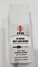 ITM Bi-Metal Hole Saw Arbor With HSS Pilot Drill 1/4" Hex Power Shank 1/2"-20 Th