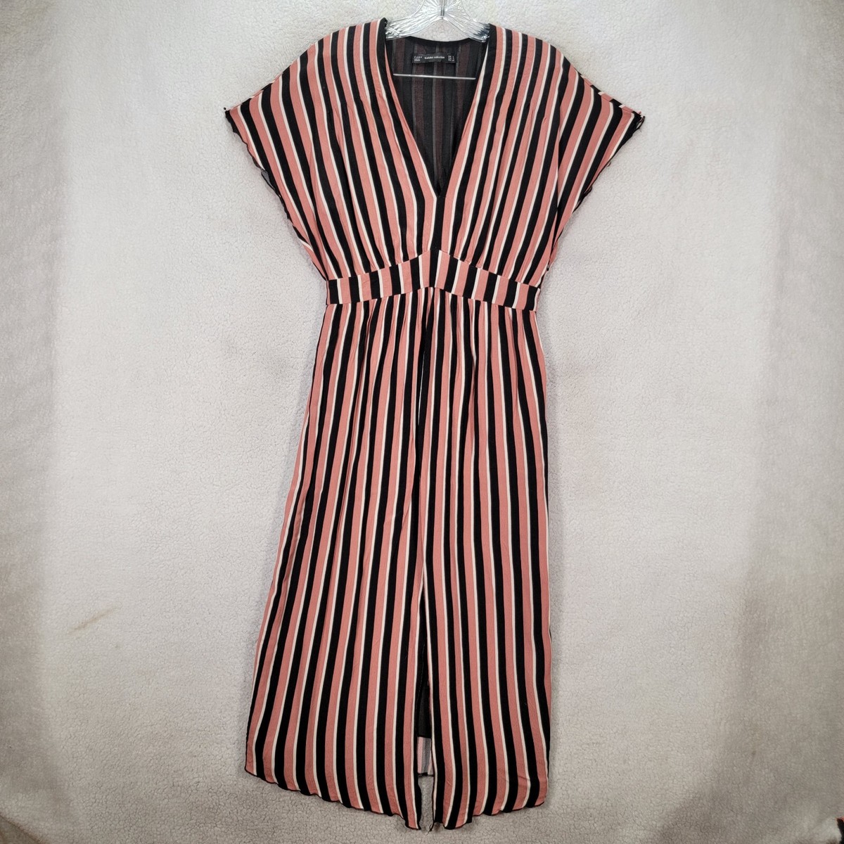 zara pink striped dress Zara Pink Striped V Neck Center Slit Dressy Midi A Line Womens Dress Size S