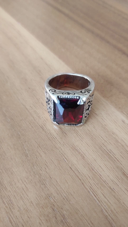 Anel masculino de prata esterlina 925 com pedra rubi vermelha folheado a ouro feito à mão - Imagem 3 de 3