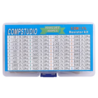 400Pcs 40 Values 1% 1/2W Resistor Kit 0 Ohm-1M Ohm Metal Film Resistors Kit