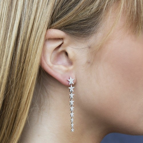 14K or Jaune Diamant Étoile Boucles D'Oreilles Pendantes Rond Cut Diplômé - Photo 2 sur 3