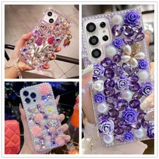 Womens Bling Diamond Rhinestone Rose Case W/Strap For iPhone 14 13 12 11 Pro Max