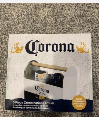 Corona Extra 5 Piece Gift Set Tin Carrier Beer 2 Glass 2 Socks New In Sealed Box