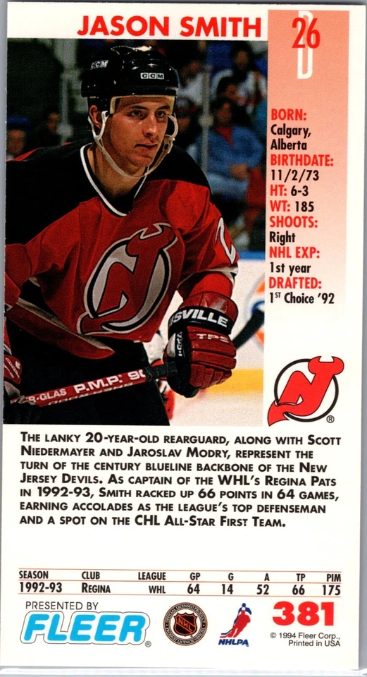 1993-94 Fleer Power Play Tall Boy - #381 Jason Smith - Image 2 of 2