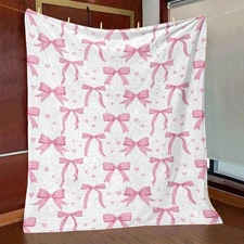 Cozy Pink Coquette Bow and Heart Pattern Fleece Throw Blanket Valentine's Day