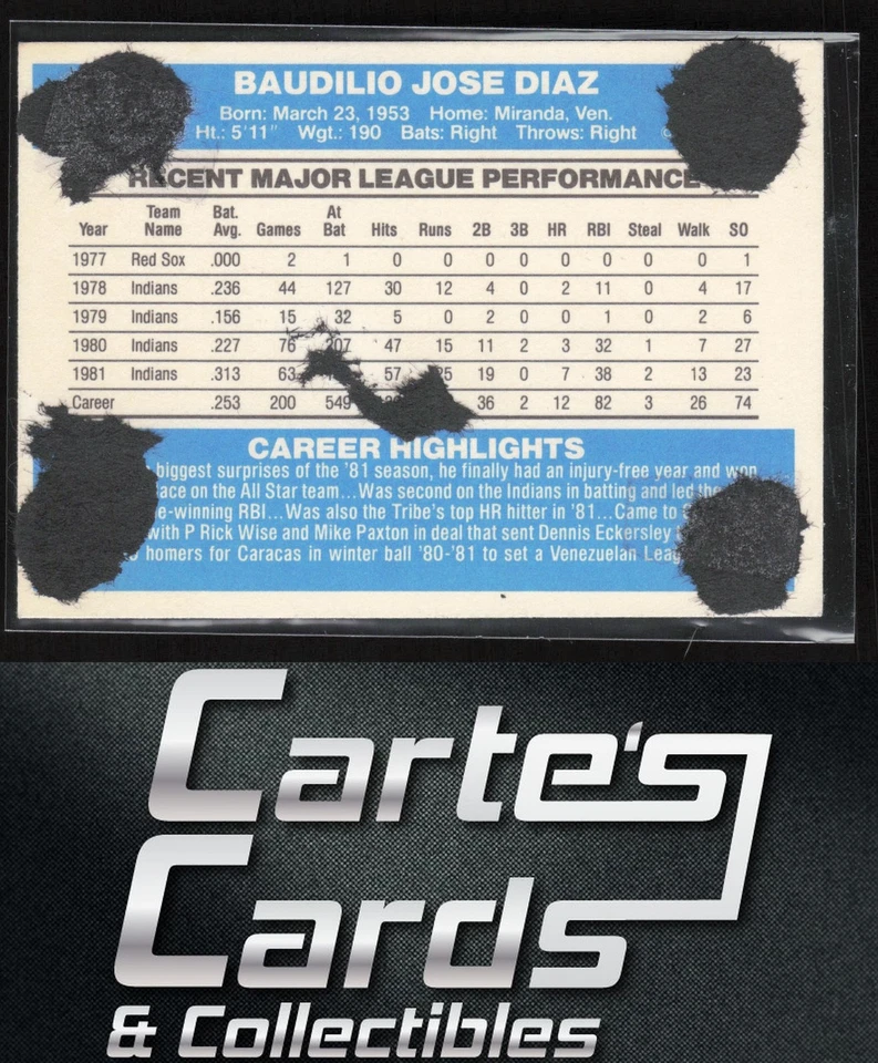 Bo Diaz 1982 Donruss #263 Cleveland Indians TTM/IP Signed Auto - Image 2 of 2