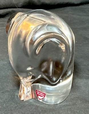 Orrefors Sweden Crystal Elephant Paperweight Figurine Sculpture - Signed, Label