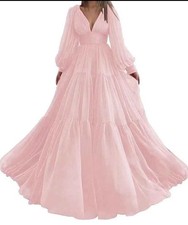 Adjustable Pink Chiffon Long Balloon Sleeve V-Neck Formal Gown Dress Women