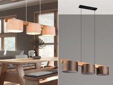 Holzbalken Pendelleuchte mit Stoff Schirm mehrflammig Esstischlampe Landhausstil