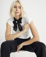 River Island Womens Top White Short Sleeve Bow Neck Fitted Collared Blouse