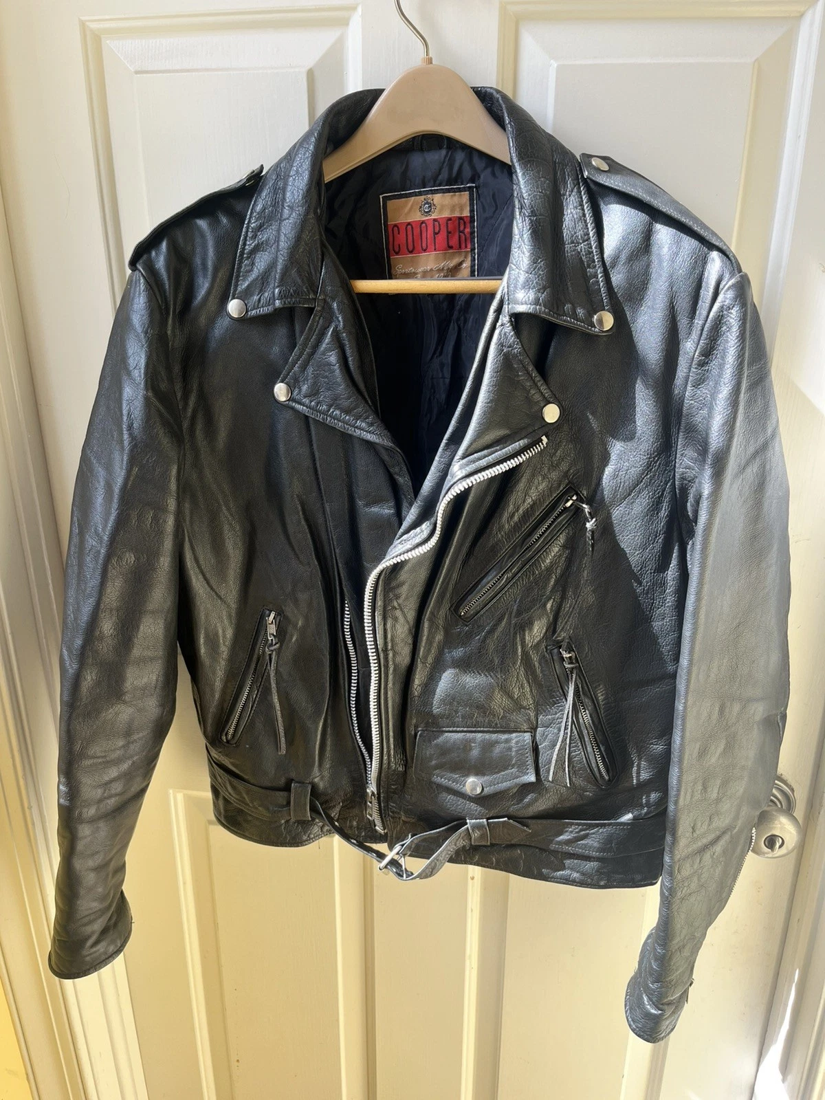 Cooper Leather Motorcycle Jacket Mens L Black Belted Biker Lined
