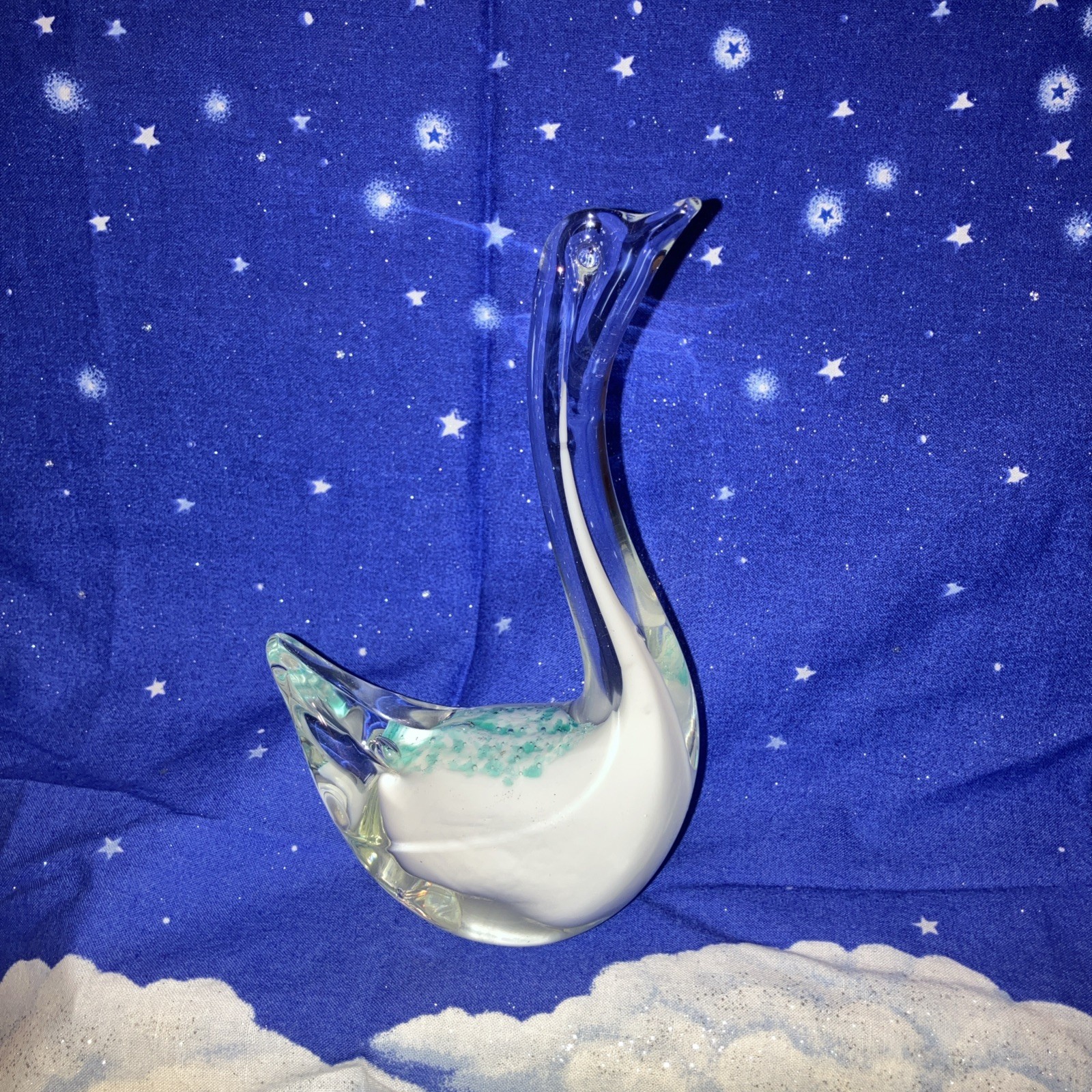Vintage Murano Style Hand Blown Art Glass Teal Speckled 6" Swan Paper Weight