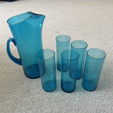 Vintage Art Glass Blue Glass Pitcher Jug & 5 x cylinder shape Tumbler Glasses 