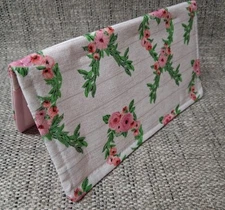 Pink Ribbons Floral Fabric Checkbook Cover Wallet Debit Card Registry Hand Made 