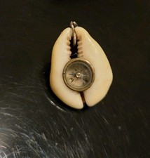 Cowrie shell with compass, lucky charm for soldiers and sailor militaria, 1870-1920