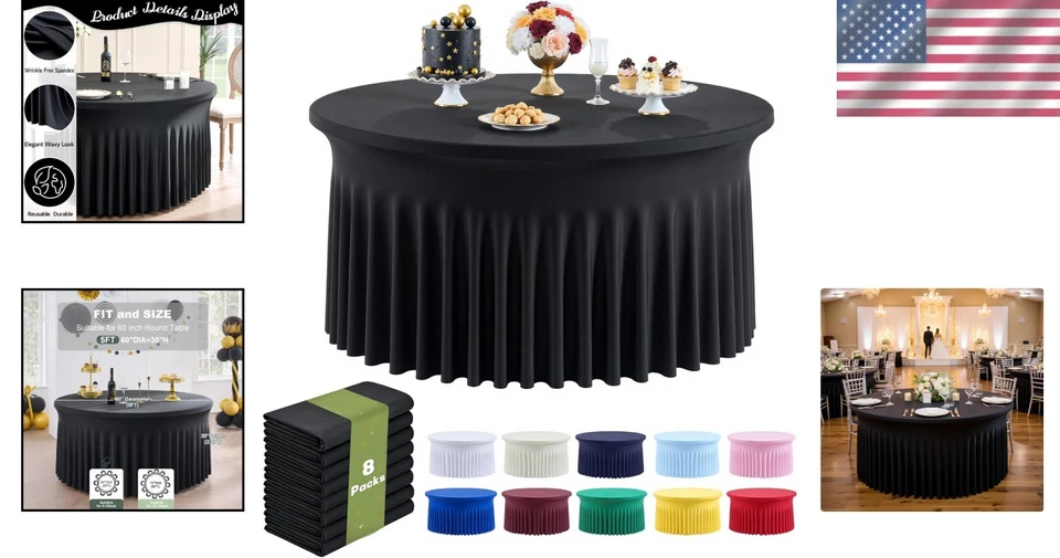 Black Spandex Tablecloth 8 Pack for 60 Inch Tables - Image 2 of 4