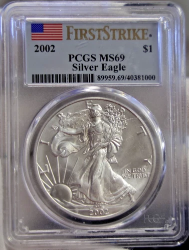 2002 US Silver Eagle $1 PCGS MS69 First Strike Flag Label