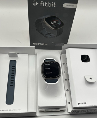 Fitbit Versa 4 Smartwatch 24mm Platinum Aluminum Blue Silicone Band 4GB