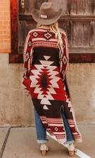 Boho Tribal Western Aztec Knit Long Maxi Cardigan Sweater Duster Coat M